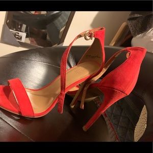 Orange reddish color ankle strap sandals heels